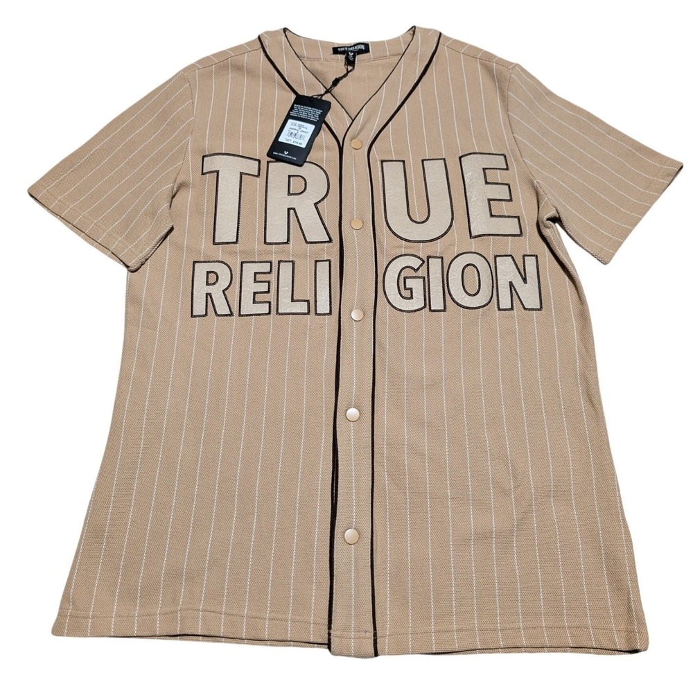 True Religion Mens Baseball Jersey Short Sleeve Tan Pinstripe Button Up Size S